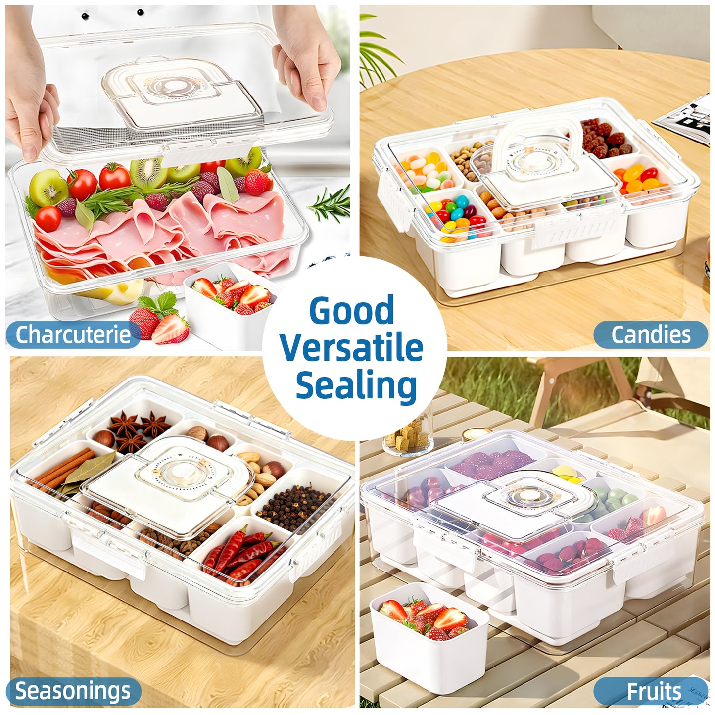 KORALAKIRI Snackle Box Container with Reusable Ice Pack, Snack Containers with 8 Divided Compartment Serving Tray & Drain Trays for Picnics, parties, Beach & Trip