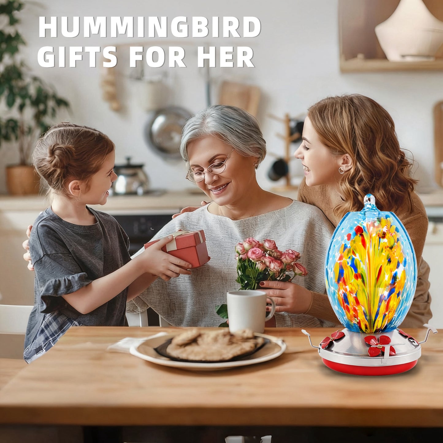 KORALAKIRI Glass Hummingbird Feeders, 27OZ Hummingbird Feeder for Outdoors Hanging ant and Bee Proof, Humming Birds Feeders for Outside-Blue