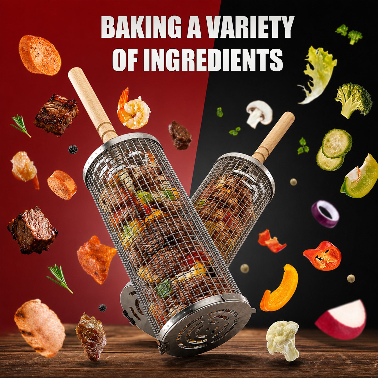 KORALAKIRI 2Pcs Rolling Grill Baskets with Removable Wooden Handle, Grilling Accessories, BBQ Net Tube Baskets for Veggies, Shrimp, Meat, Father' Day Gifts for Men Dad Husband