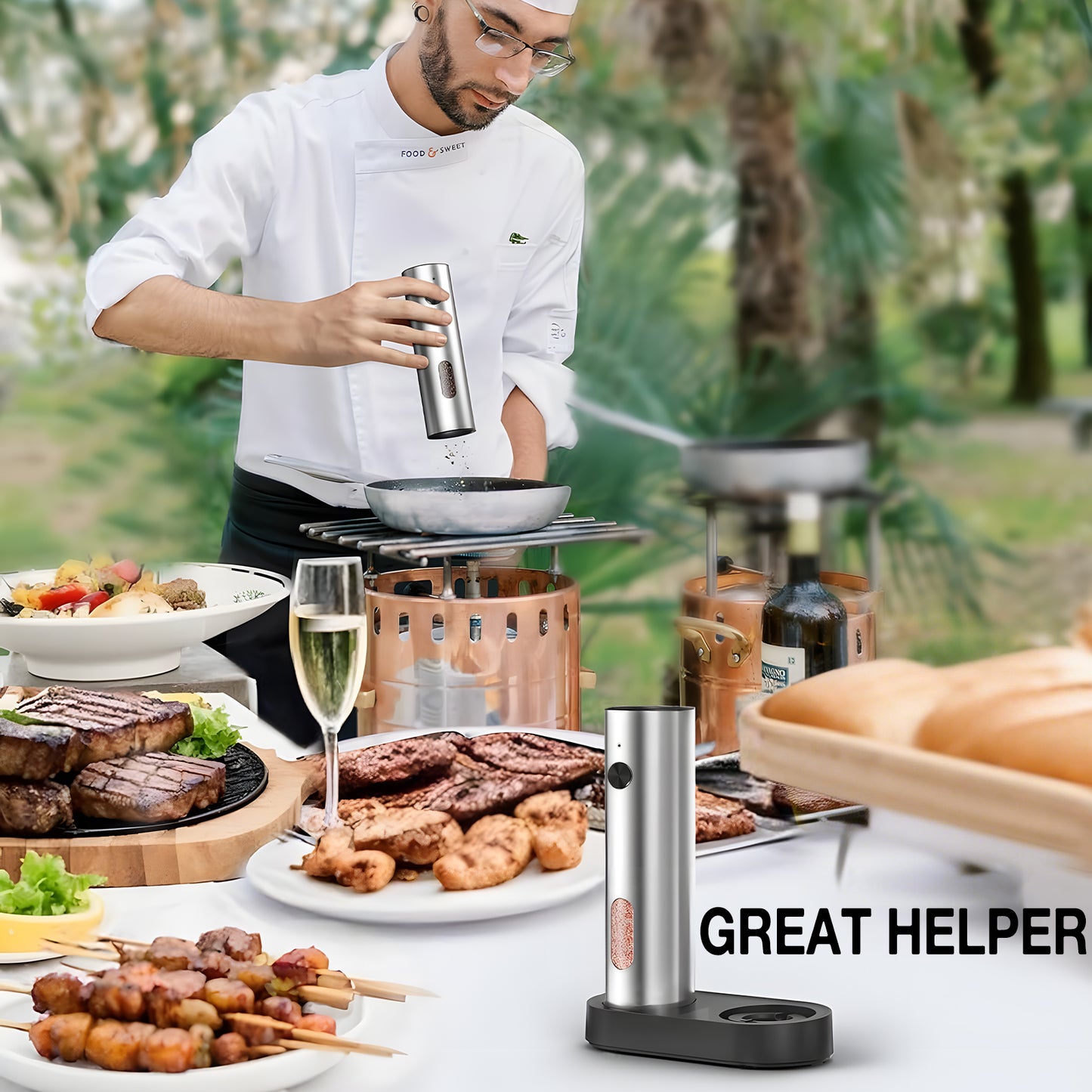 KORALAKIRI Electric Salt and Pepper Shakers Grinder Set with Rechargeable Base, Refillable Automatic Pepper Mill with LED Light & Adjustable Coarseness for Kitchen, Outdoor, BBQ & Gift Giving