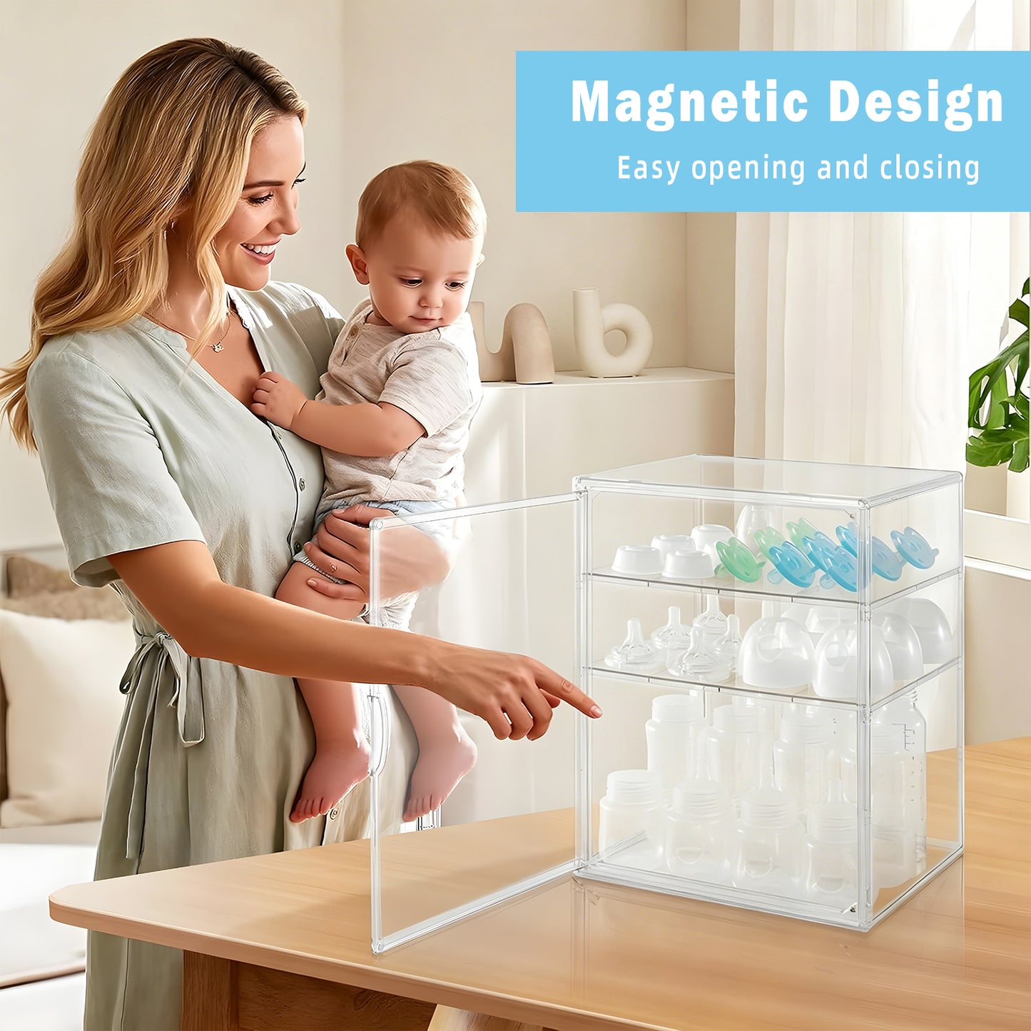 KORALAKIRI Baby Bottle Storage Organizer, Adjustable Clear Acrylic Makeup Storage Station, Case Box Container with 2 Removable Dividers and Magnetic Door for Countertop, Cabinet,Vanity, Bathroom