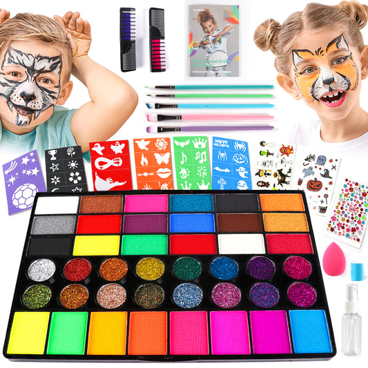 CandWuom Face Painting Kit for Kids –42 Colors Water Based Body Face Paint Includes Hair Chalks Comb, Brushes, Stencils, Professional Face Paint Kit for Halloween Makeup