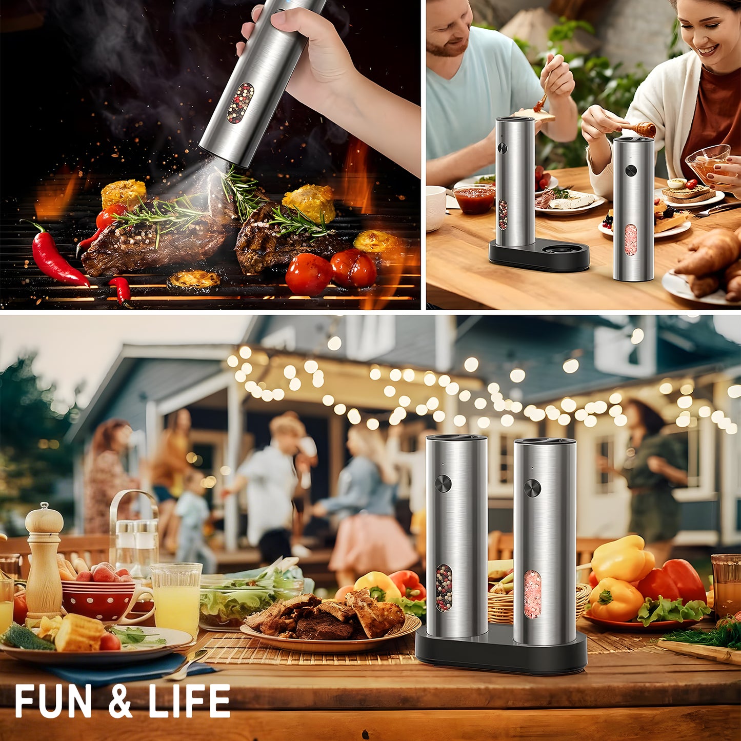 KORALAKIRI Electric Salt and Pepper Shakers Grinder Set with Rechargeable Base, Refillable Automatic Pepper Mill with LED Light & Adjustable Coarseness for Kitchen, Outdoor, BBQ & Gift Giving
