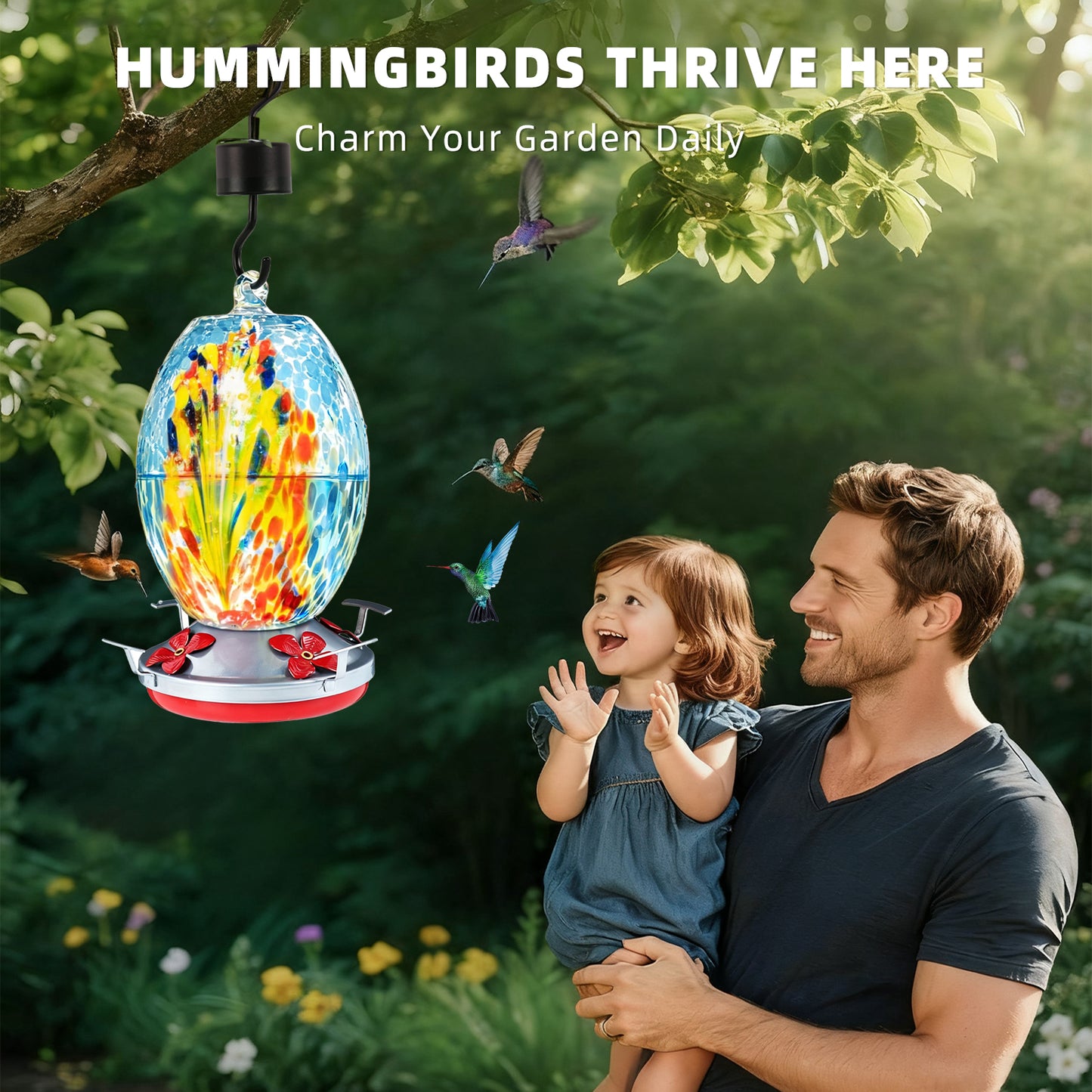 KORALAKIRI Glass Hummingbird Feeders, 27OZ Hummingbird Feeder for Outdoors Hanging ant and Bee Proof, Humming Birds Feeders for Outside-Blue