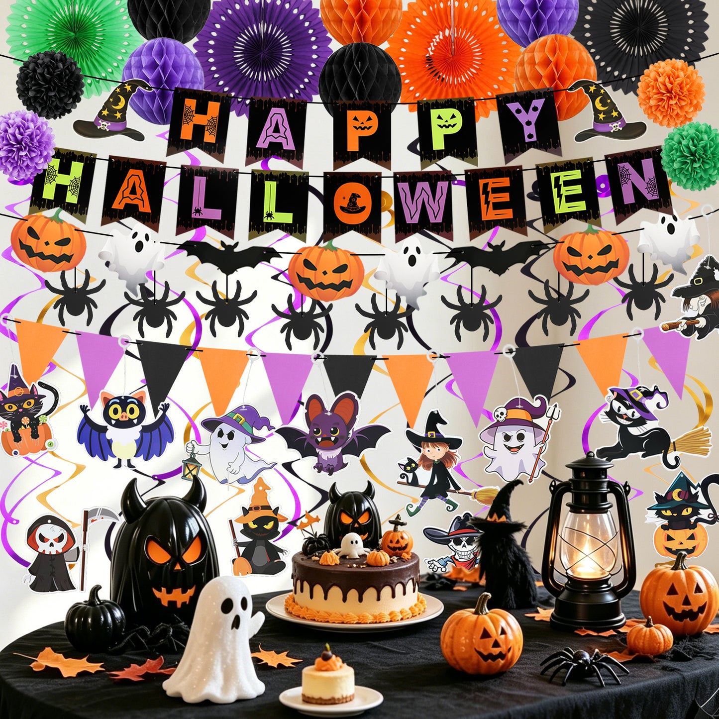 KORALAKIRI Halloween Party Decorations Happy Halloween Banner Honeycomb Balls Paper Fans Hanging Swirls Triangle Garland for Indoor Home Office Class School Party Supplies