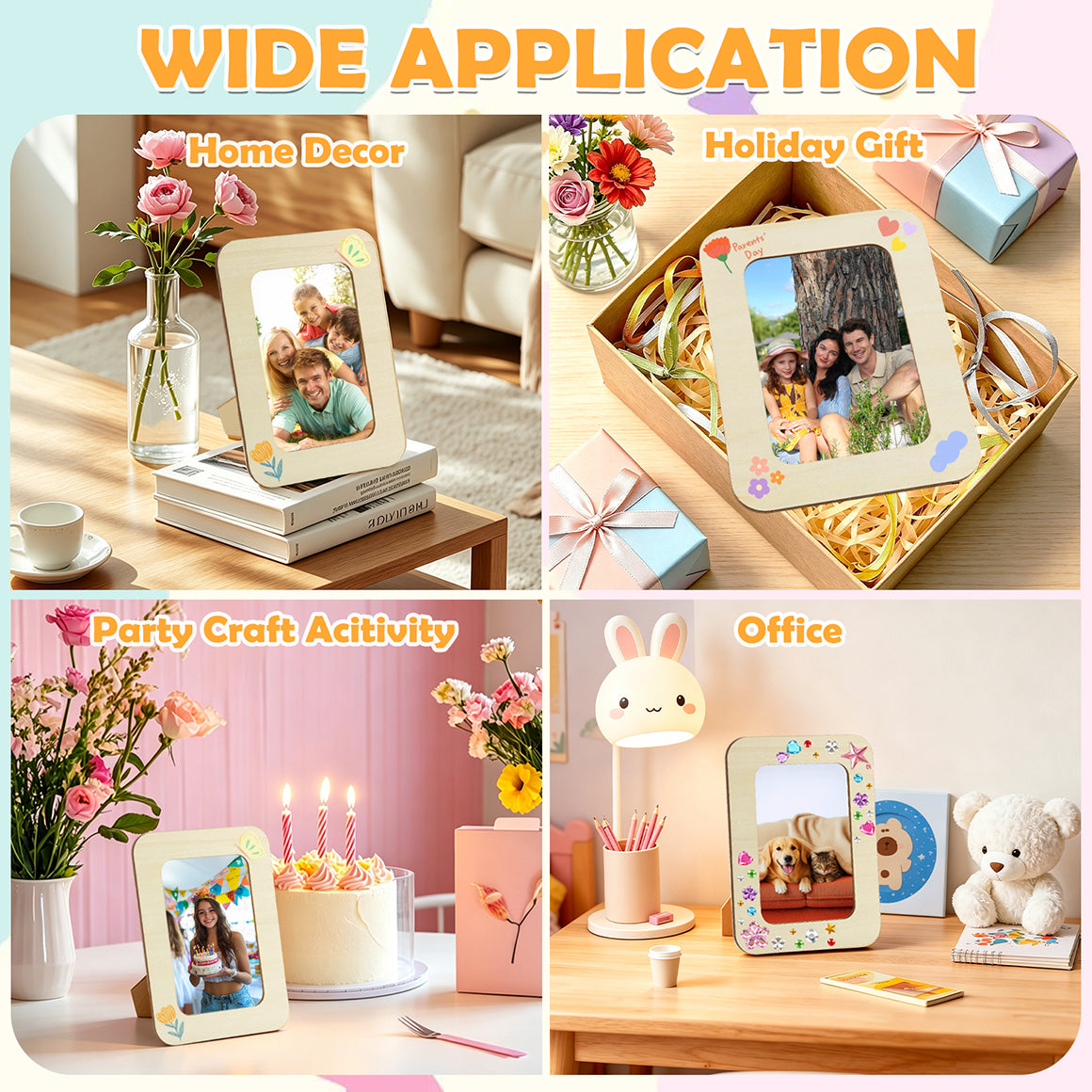 KORALAKIRI 12Pcs Wooden Picture Frames for 4x6 in Photo, DIY Wood Standing Photos Frame with 12Pcs Painting Color Pens, 4 Sheets Crystal Diamond Stickers Craft Kit