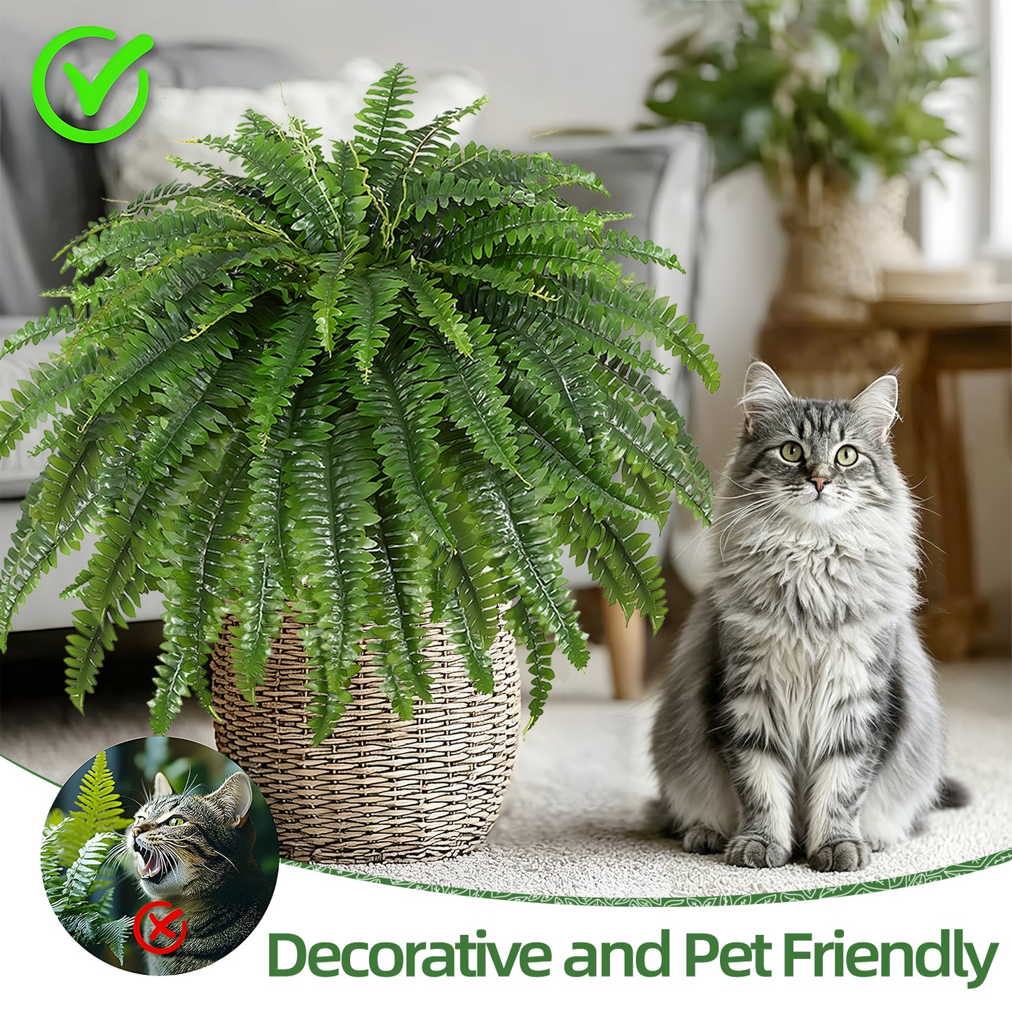 Artificial Boston Fern Bush- Set of 2 Large Artificial Ferns for Outdoors, 45Inch Large Faux Ferns, Suitable for Office & Living Room Decor, 60Branches for Each Bouquet