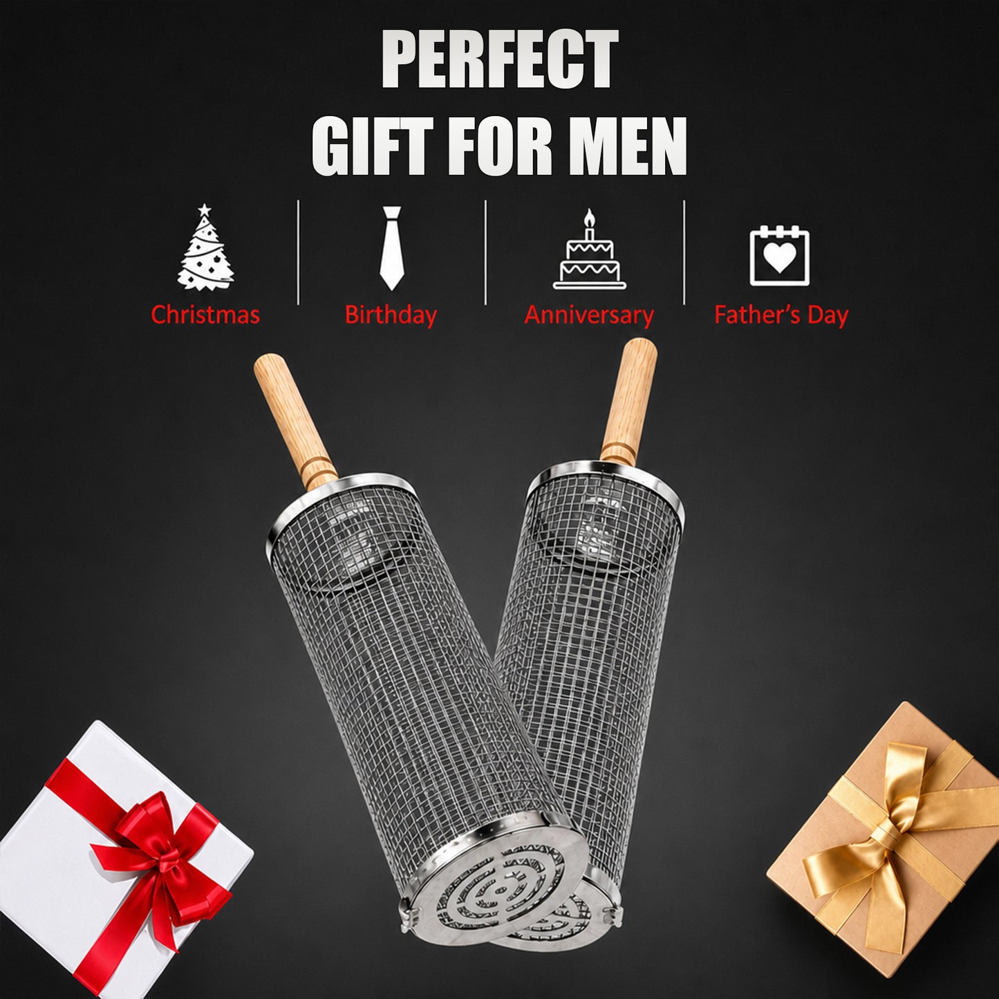 KORALAKIRI 2Pcs Rolling Grill Baskets with Removable Wooden Handle, Grilling Accessories, BBQ Net Tube Baskets for Veggies, Shrimp, Meat, Father' Day Gifts for Men Dad Husband