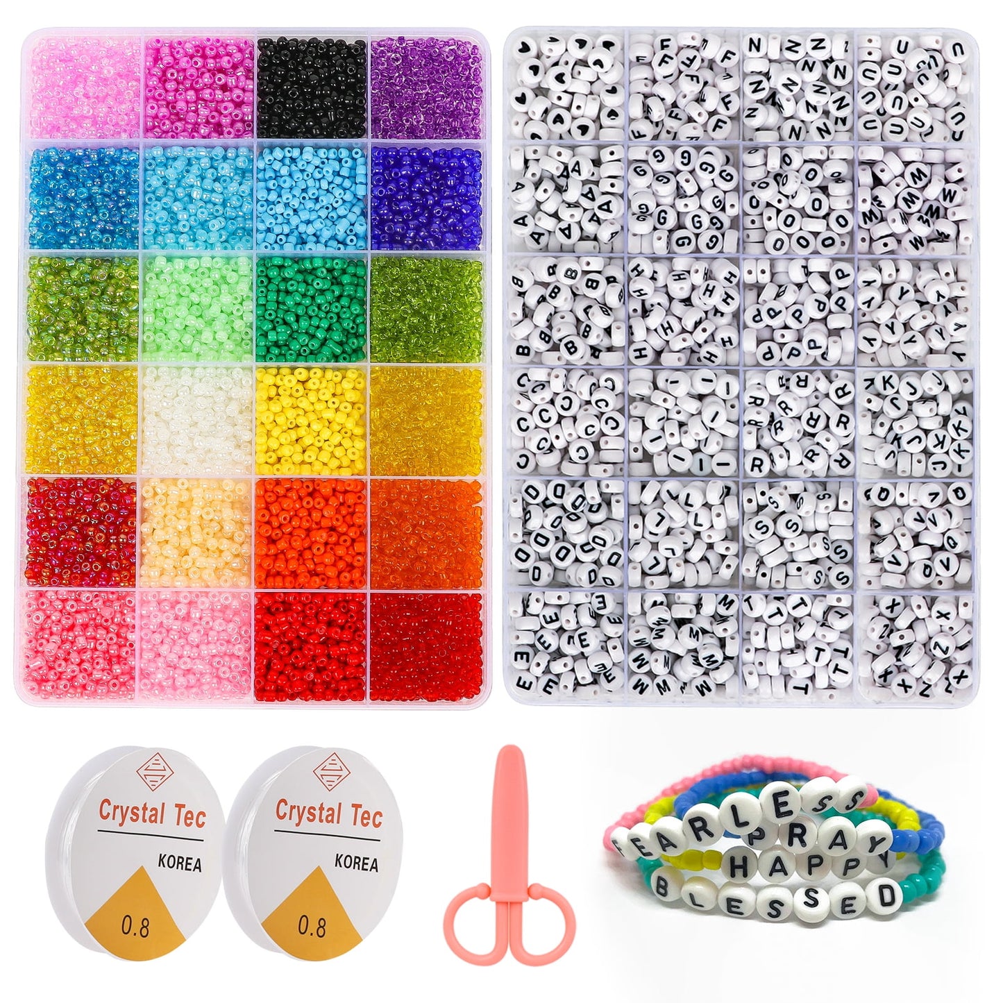 10800pcs 3mm 8/0 Glass Seed Beads and 1440pcs Acrylic Alphabet Beads for Bracelets Making Kit, Craft Gifts for Girls Ages 6-12