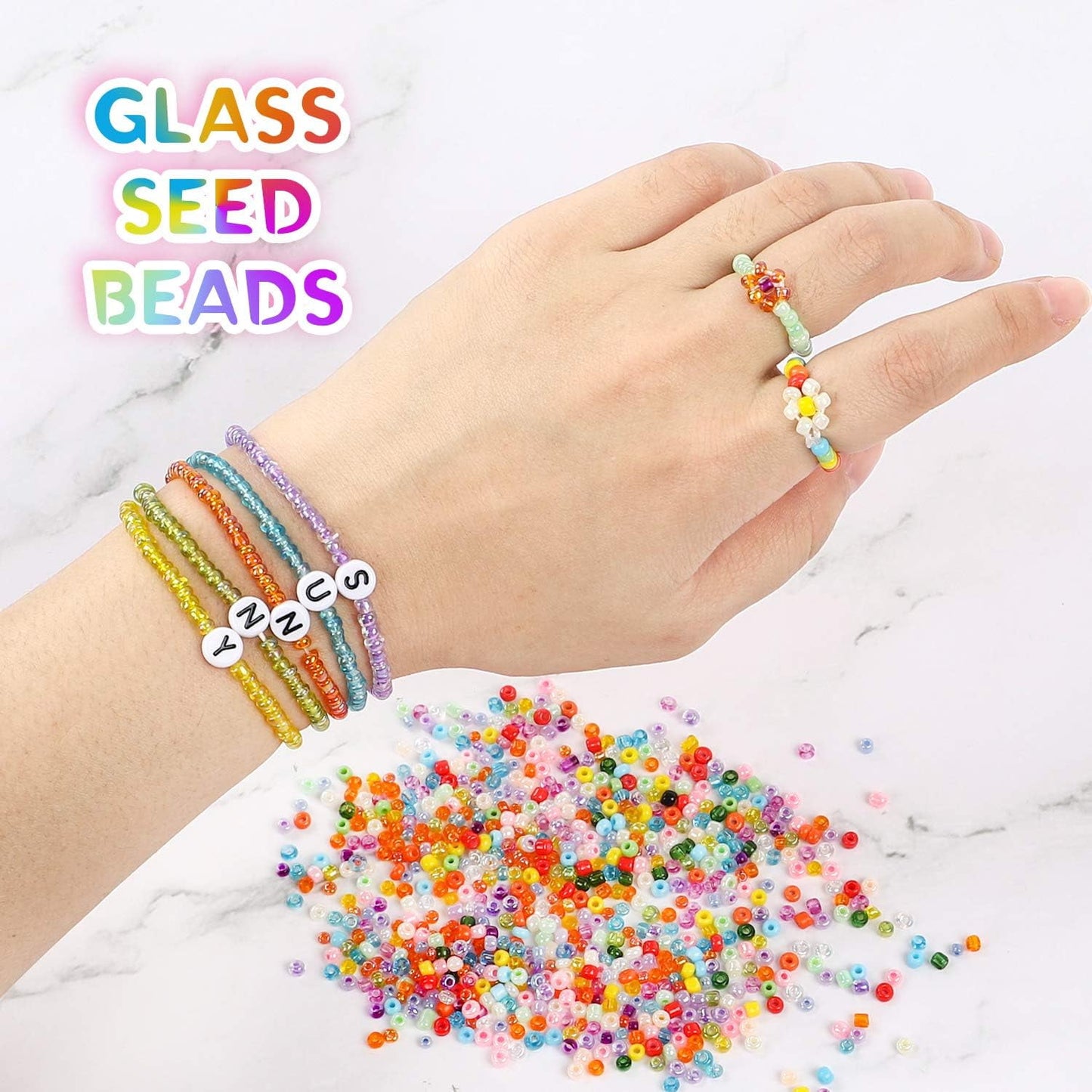 10800pcs 3mm 8/0 Glass Seed Beads and 1440pcs Acrylic Alphabet Beads for Bracelets Making Kit, Craft Gifts for Girls Ages 6-12