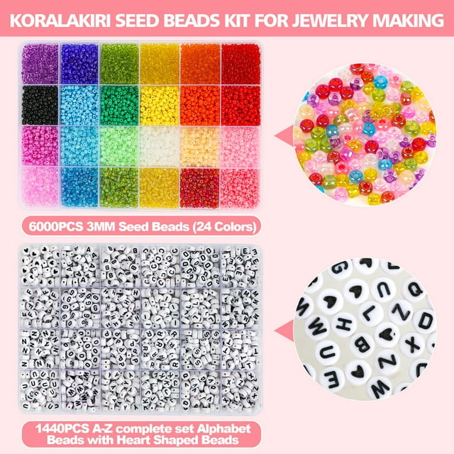 10800pcs 3mm 8/0 Glass Seed Beads and 1440pcs Acrylic Alphabet Beads for Bracelets Making Kit, Craft Gifts for Girls Ages 6-12